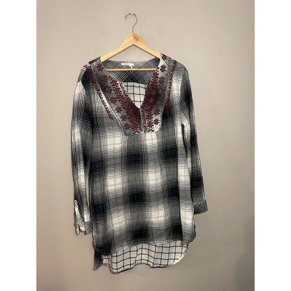 Anthropologie‎ Floreat Embroidered Plaid Long Sleeve Tunic Top Size Large Gauzey - Picture 2 of 6